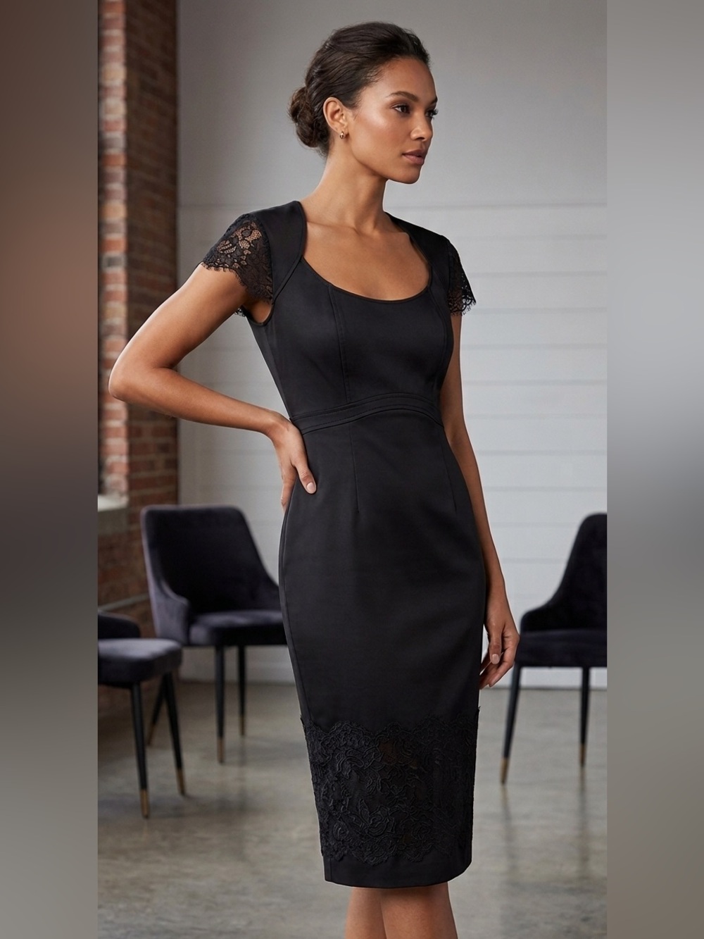 Basler Black Lace-Trim Midi Dress